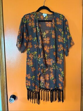 LuLaRoe Brown Polka Dot Floral Top with Orange Accents